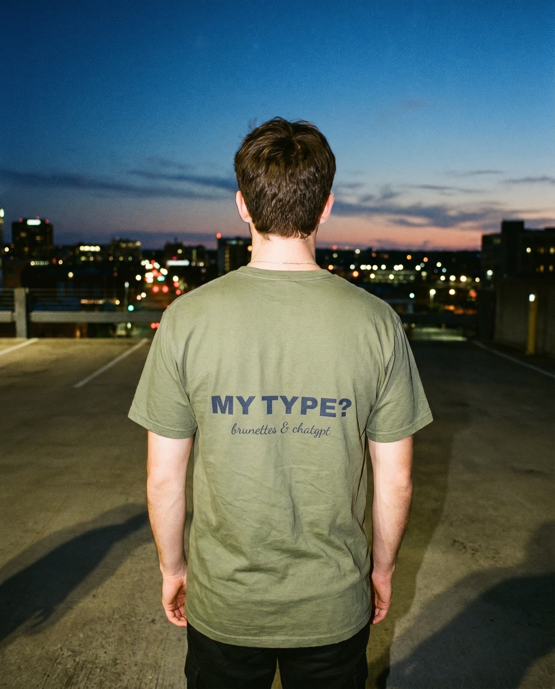 Back view of the "MY TYPE? brunettes & chatgpt" tee
