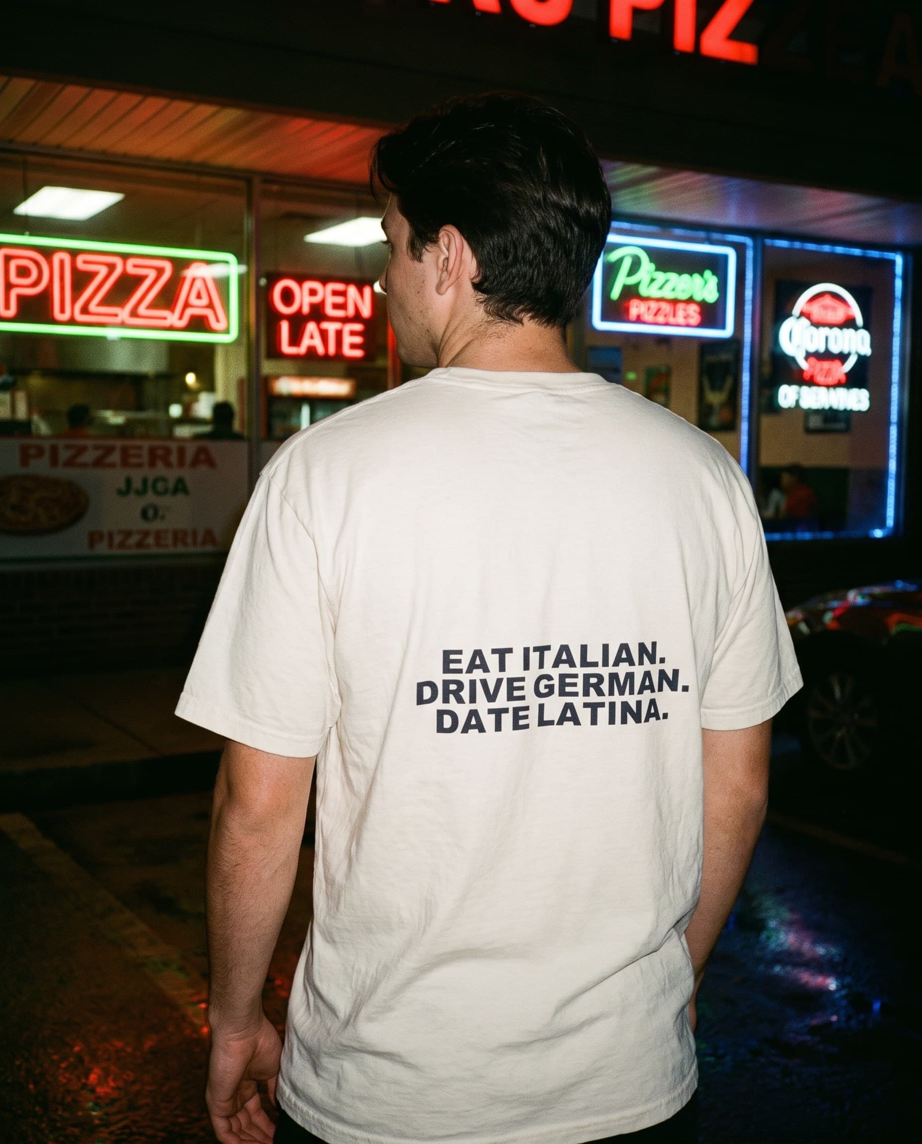 Back view of the "EAT ITALIAN. DRIVE GERMAN. DATE LATINA." tee