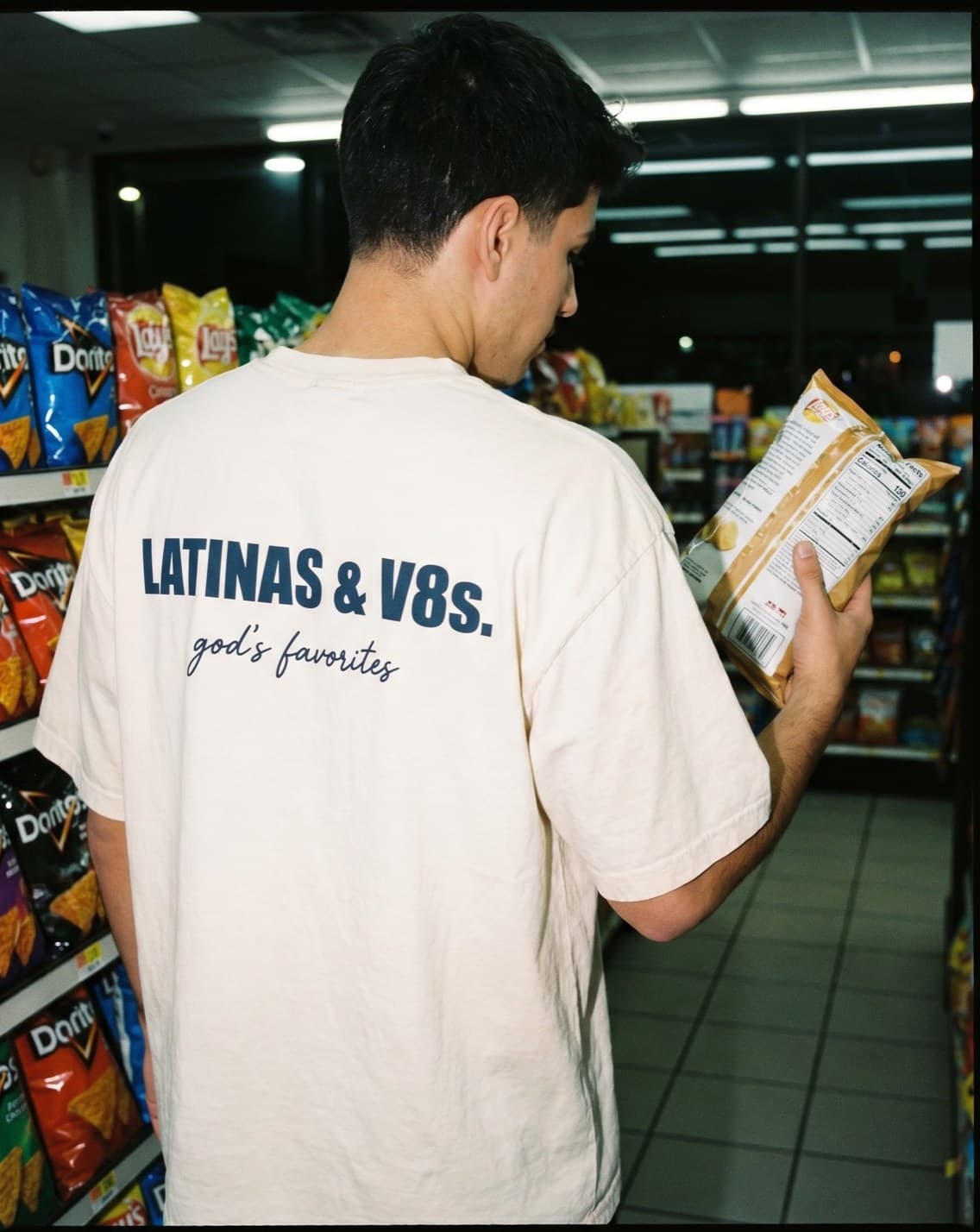 Back view of the "LATINAS & V8s. god's favorites" tee